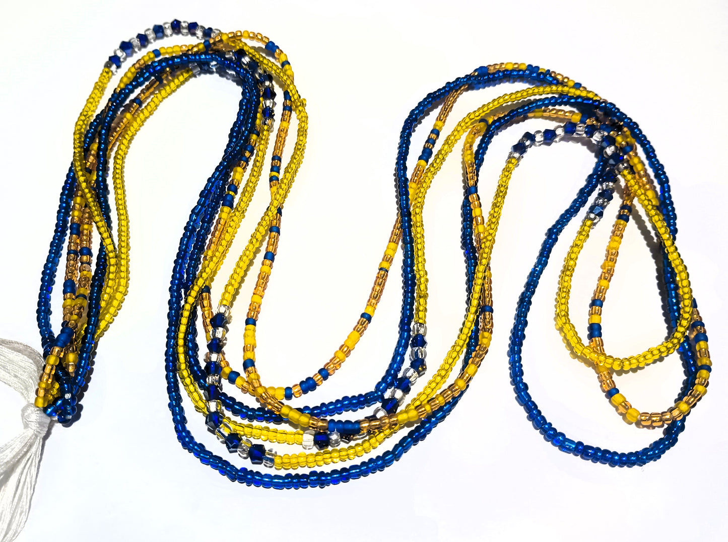 Blue and Yellow Waist Bead Set, 3 Tie-on Cotton Strands, Glass Beads, 44 Inches of Adjustable Waist Beads