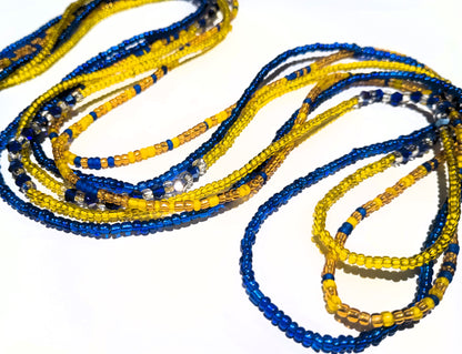 Blue and Yellow Waist Bead Set, 3 Tie-on Cotton Strands, Glass Beads, 44 Inches of Adjustable Waist Beads