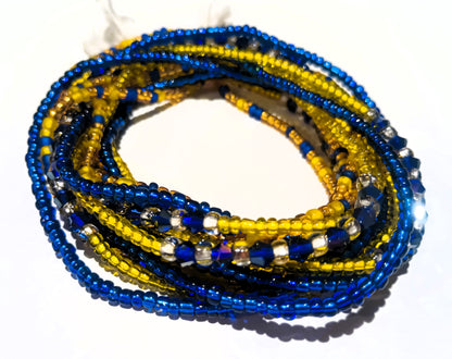 Blue and Yellow Waist Bead Set, 3 Tie-on Cotton Strands, Glass Beads, 44 Inches of Adjustable Waist Beads